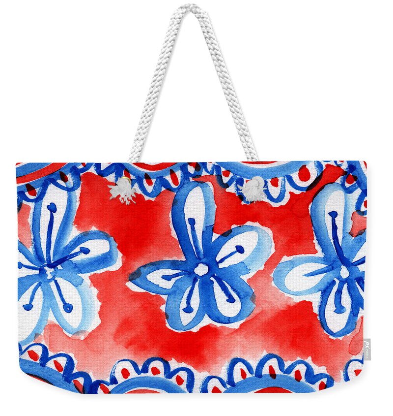Red White And Blue Weekender Tote Bag featuring the mixed media Americana Celebration 2 by Linda Woods