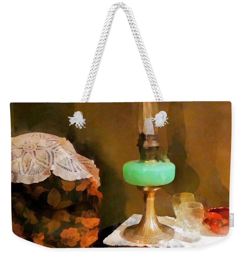 Lamp Weekender Tote Bag featuring the photograph Americana - Still Life With Hurricane Lamp by Susan Savad