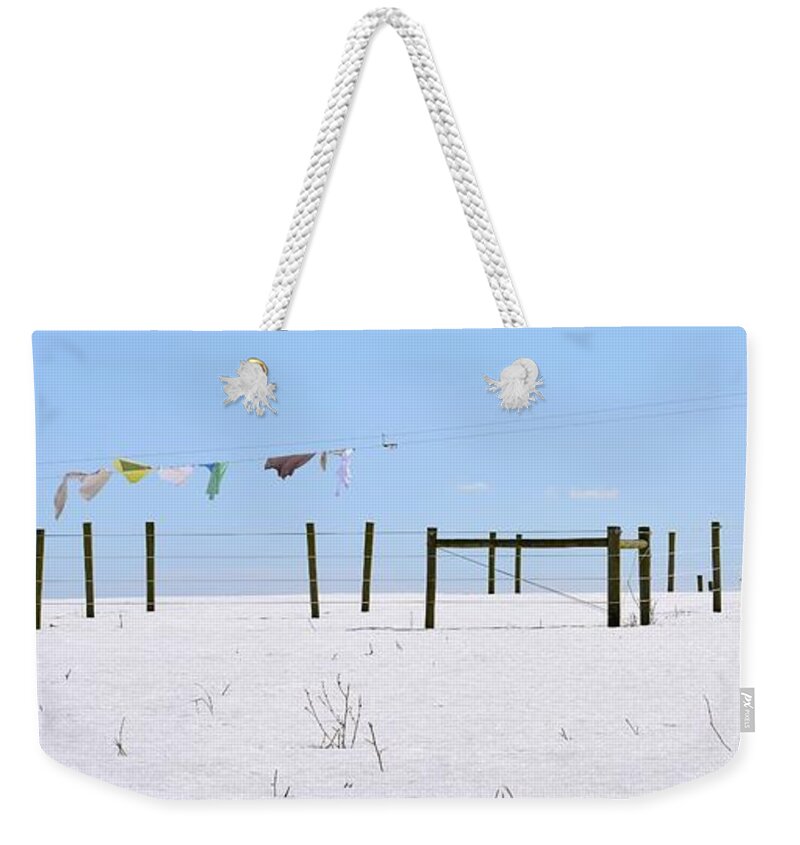Amish Weekender Tote Bag featuring the photograph Amish Laundry Over Snow by Tana Reiff