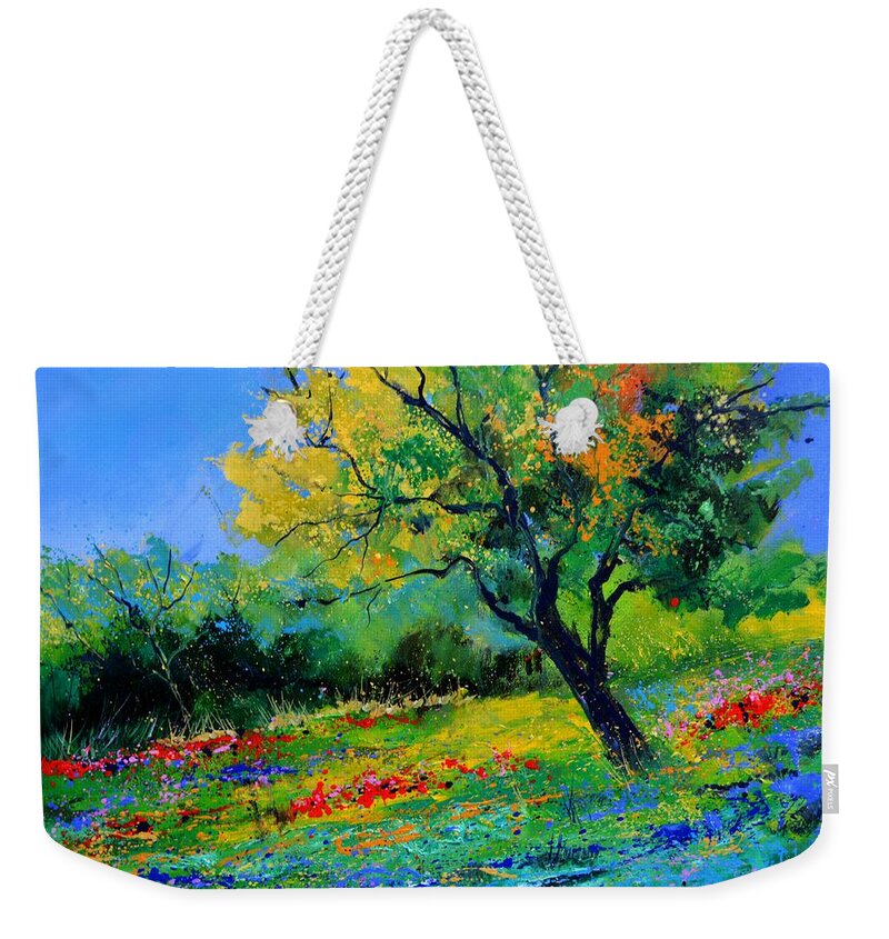 Landscape Weekender Tote Bag featuring the painting An oak amid flowers in Texas by Pol Ledent
