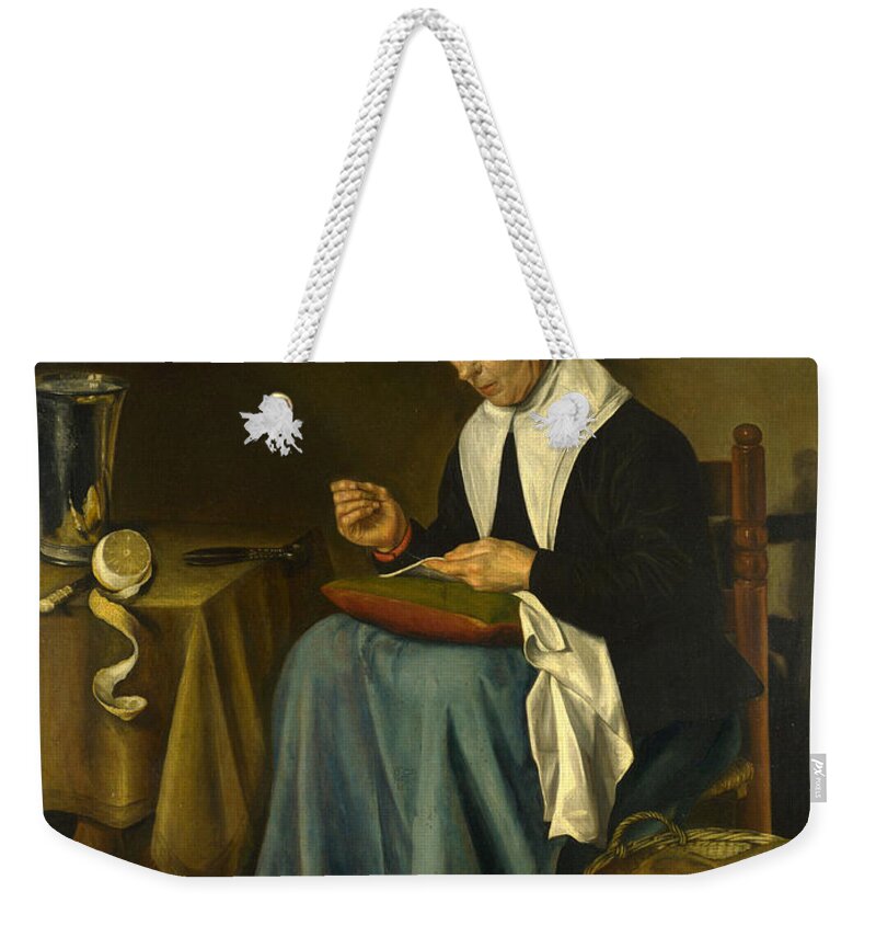 Johannes Van Der Aack Weekender Tote Bag featuring the painting An Old Woman seated sewing by Johannes van der Aack