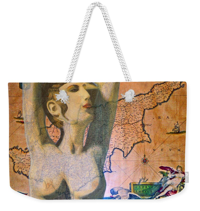 Augusta Stylianou Weekender Tote Bag featuring the digital art Ancient Cyprus Map and Aphrodite by Augusta Stylianou
