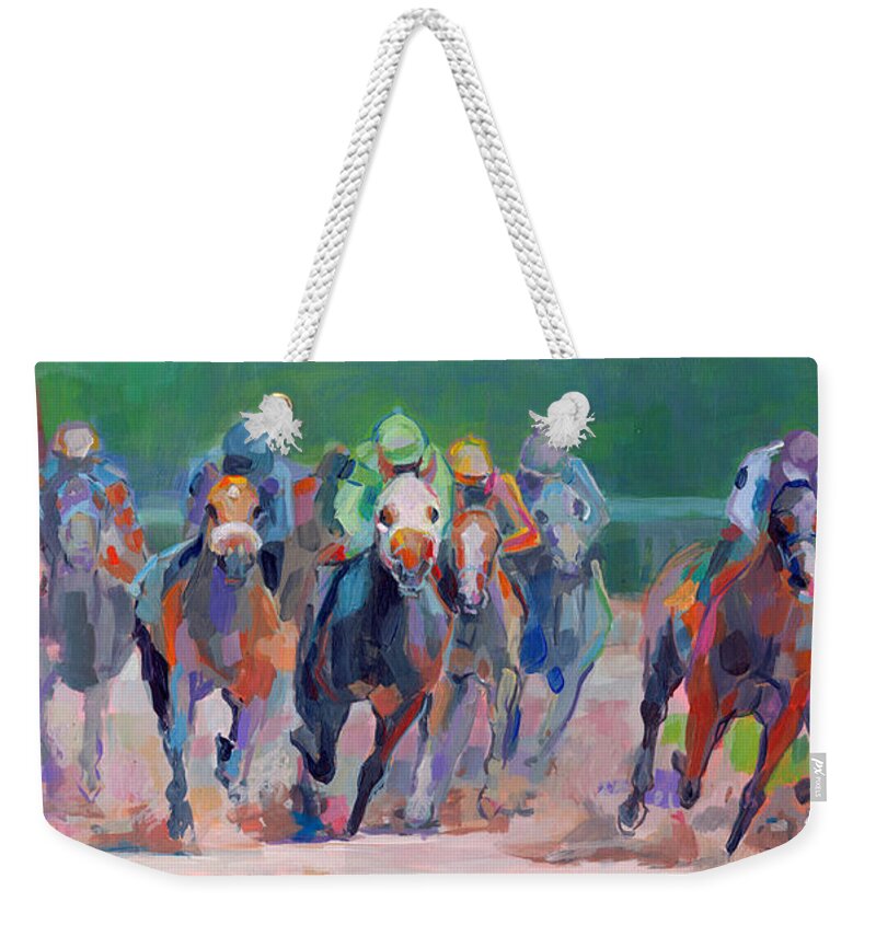 Saratoga Weekender Tote Bag featuring the painting And Down the Stretch They Com by Kimberly Santini