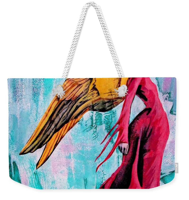 Angels Weekender Tote Bag featuring the mixed media Angel 1 Navigating Ether by Maria Huntley