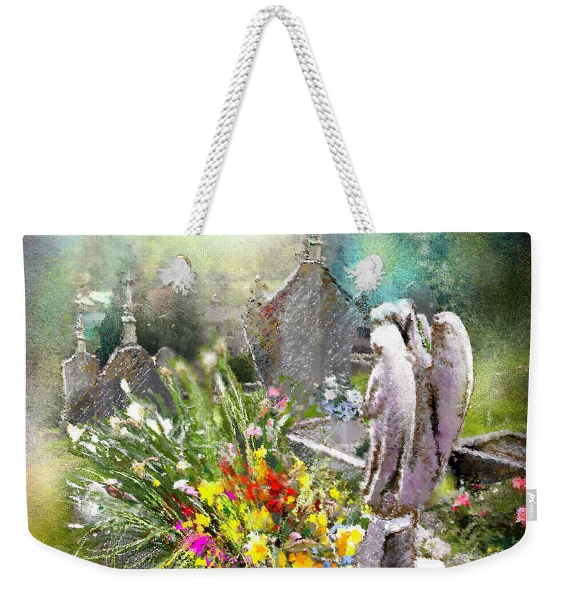 All Saints Weekender Tote Bag featuring the painting Angels of Stone by Miki De Goodaboom