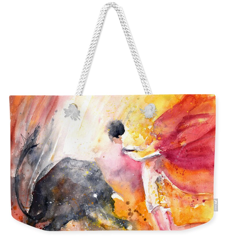 Europe Weekender Tote Bag featuring the painting Angry Little Bull by Miki De Goodaboom