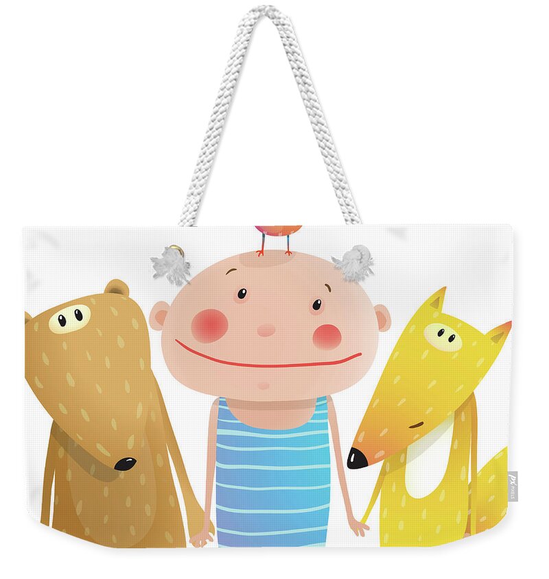 Art Weekender Tote Bag featuring the digital art Animals And Child Friends Fox Bear Bird by Popmarleo