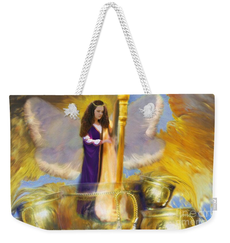 Angel Weekender Tote Bag featuring the digital art Angel Harp and Bowl by Constance Woods
