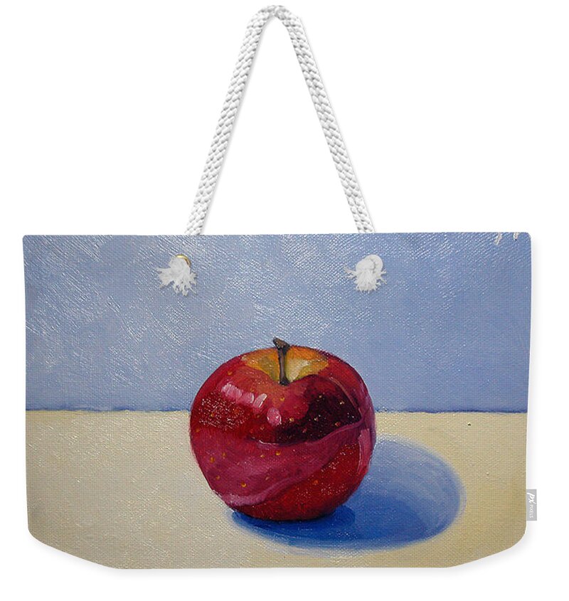 Apple Weekender Tote Bag featuring the painting Apple - White and Blue. by Katherine Miller