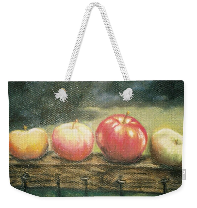 Fruit Weekender Tote Bag featuring the painting Apples on a Rail by Harriett Masterson