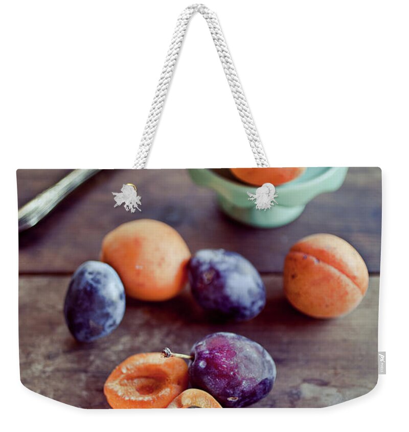 Plum Weekender Tote Bag featuring the photograph Apricots And Plums by Uccia photography