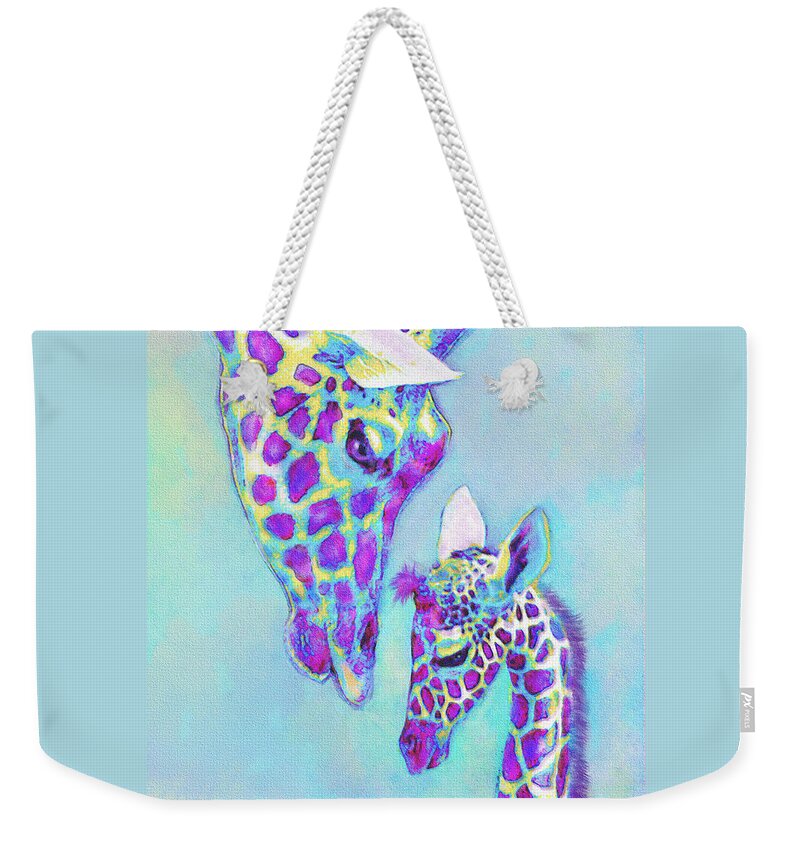 Jane Schnetlage Weekender Tote Bag featuring the digital art Aqua And Purple Loving Giraffes by Jane Schnetlage