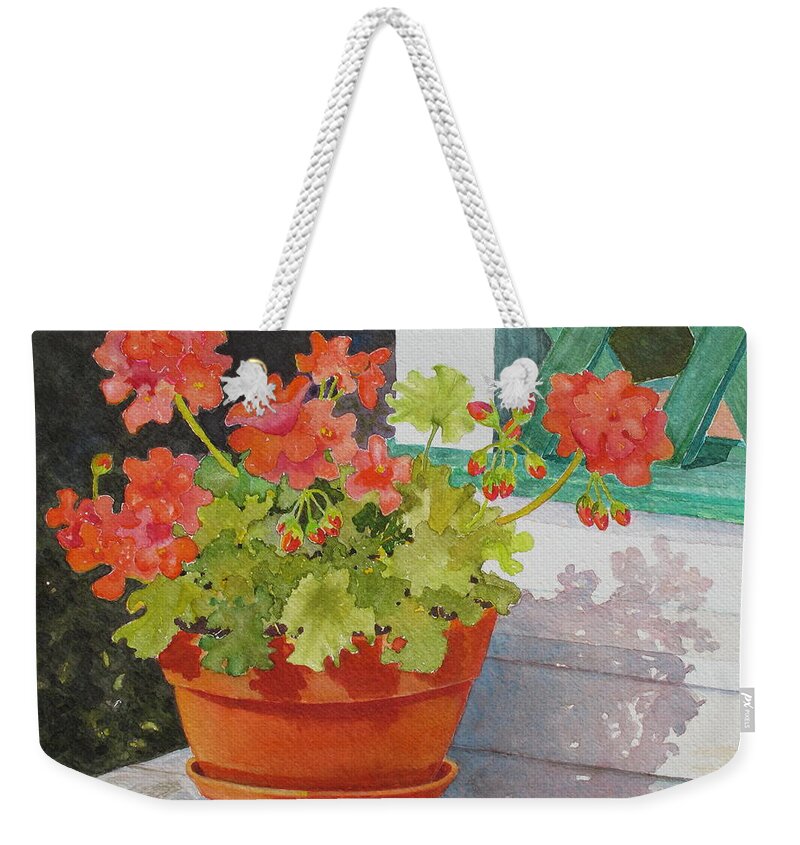 Flowers Weekender Tote Bag featuring the painting Arbor Gallery Steps by Mary Ellen Mueller Legault