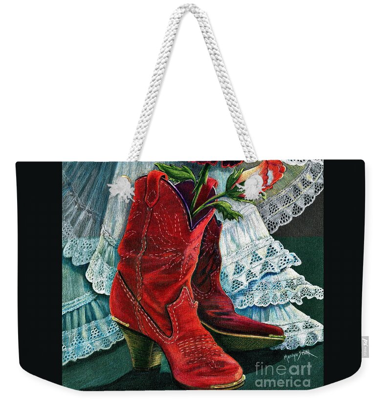 Red Boots Weekender Tote Bag featuring the drawing Arizona Rose by Marilyn Smith