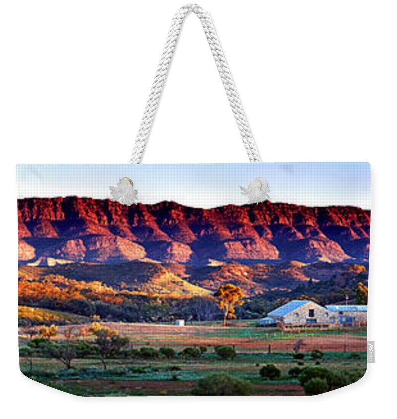 Flinders Ranges Arkaba Woolshed Panorama Sunrise Early Morning Australian Mountain Landscape Weekender Tote Bag featuring the photograph Arkaba Woolshed by Bill Robinson