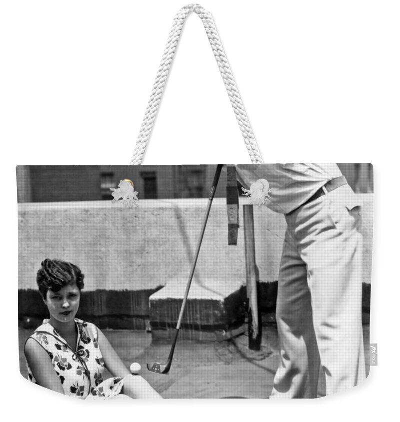 1920s Weekender Tote Bag featuring the photograph Armless Golf Wizard by Underwood Archives