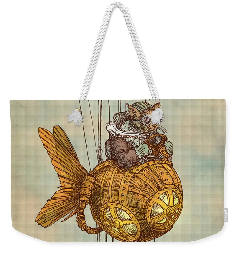 Cat Weekender Tote Bag featuring the drawing Around the World in the Goldfish Flyer by Eric Fan