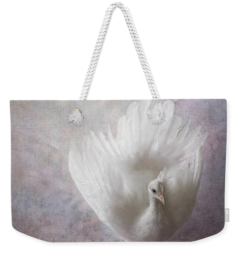 Animal Themes Weekender Tote Bag featuring the photograph Artistic White Peacock by Melinda Moore
