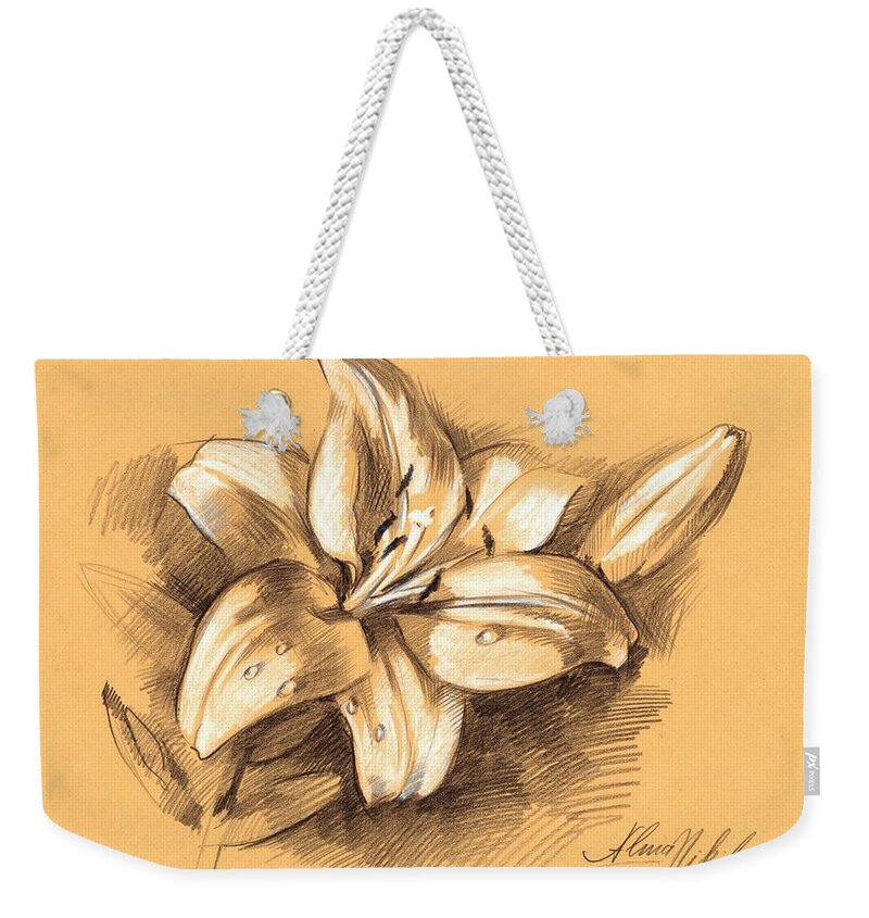 Sketch Weekender Tote Bag featuring the drawing Asiatic Lily Flower with Bud Sketch by Alena Nikifarava