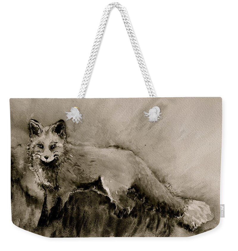 Fox Weekender Tote Bag featuring the painting Assessing the Situation black and white by Beverley Harper Tinsley
