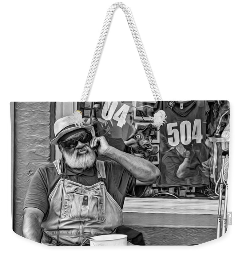 French Quarter Weekender Tote Bag featuring the photograph At His Office - Grandpa Elliott Small bw by Steve Harrington