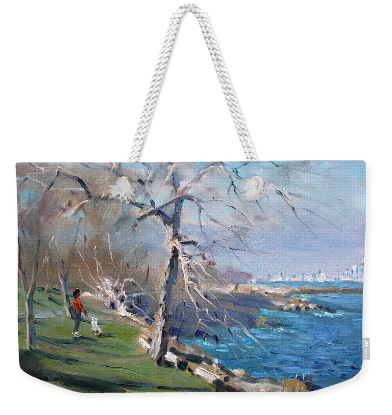 Park Weekender Tote Bag featuring the painting At the park by Lake Ontario by Ylli Haruni