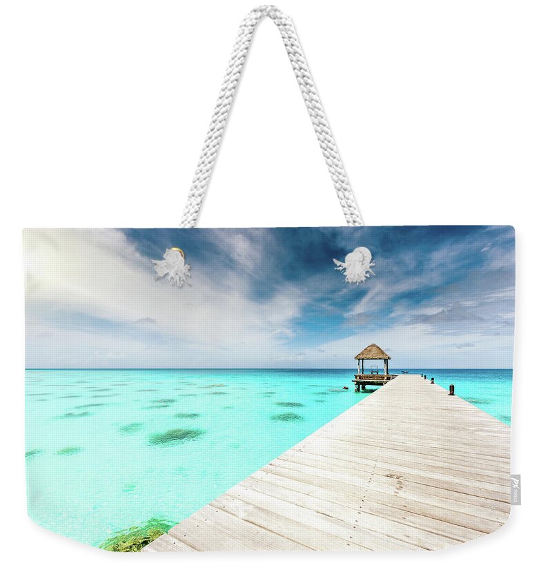 Scenics Weekender Tote Bag featuring the photograph Atoll Jetty Turquoise Waters Polynesia by Mlenny