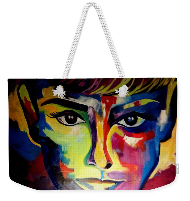 Audrrey Hepburn In Colorful Abstract Artistic Realism Weekender Tote Bag featuring the painting Audrey by Femme Blaicasso