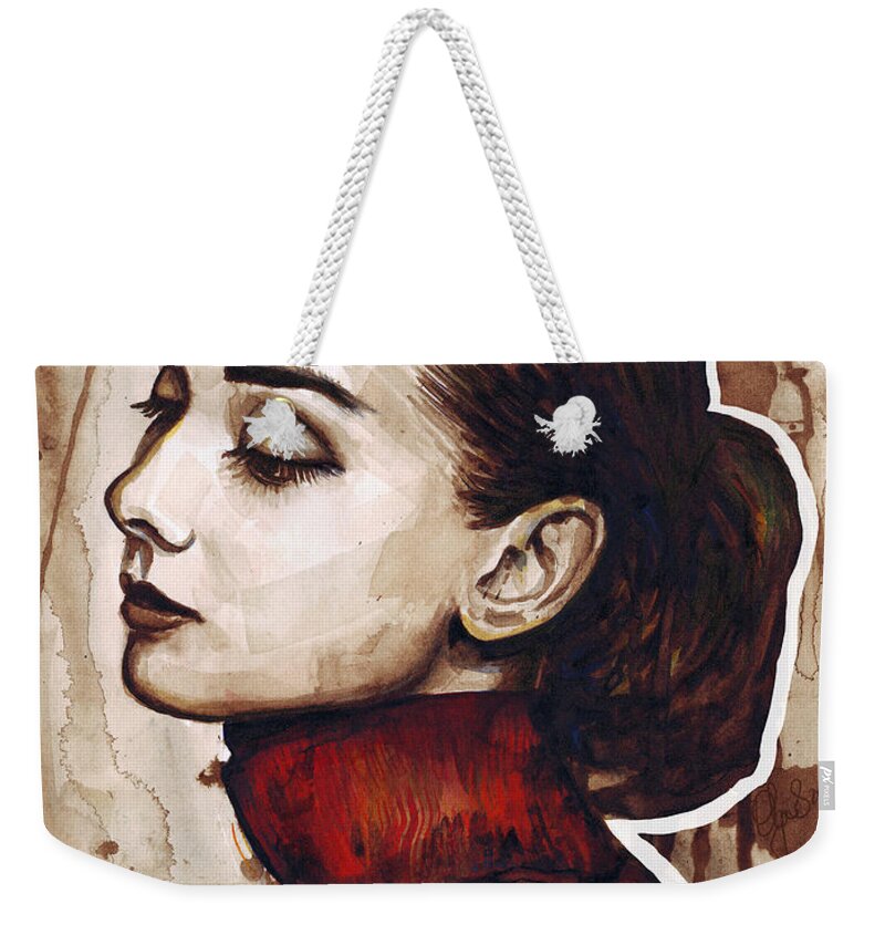 Audrey Hepburn Weekender Tote Bag featuring the painting Audrey Hepburn by Olga Shvartsur