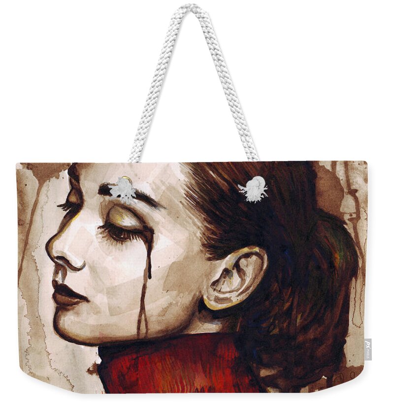 Audrey Hepburn Weekender Tote Bag featuring the painting Audrey Hepburn - Quiet Sadness by Olga Shvartsur