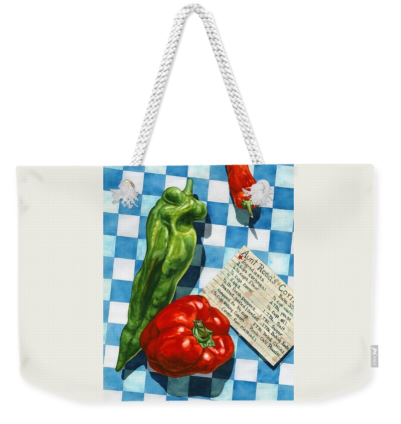 Peppers Weekender Tote Bag featuring the painting Aunt Rosa's Cornbread by Lynda Hoffman-Snodgrass