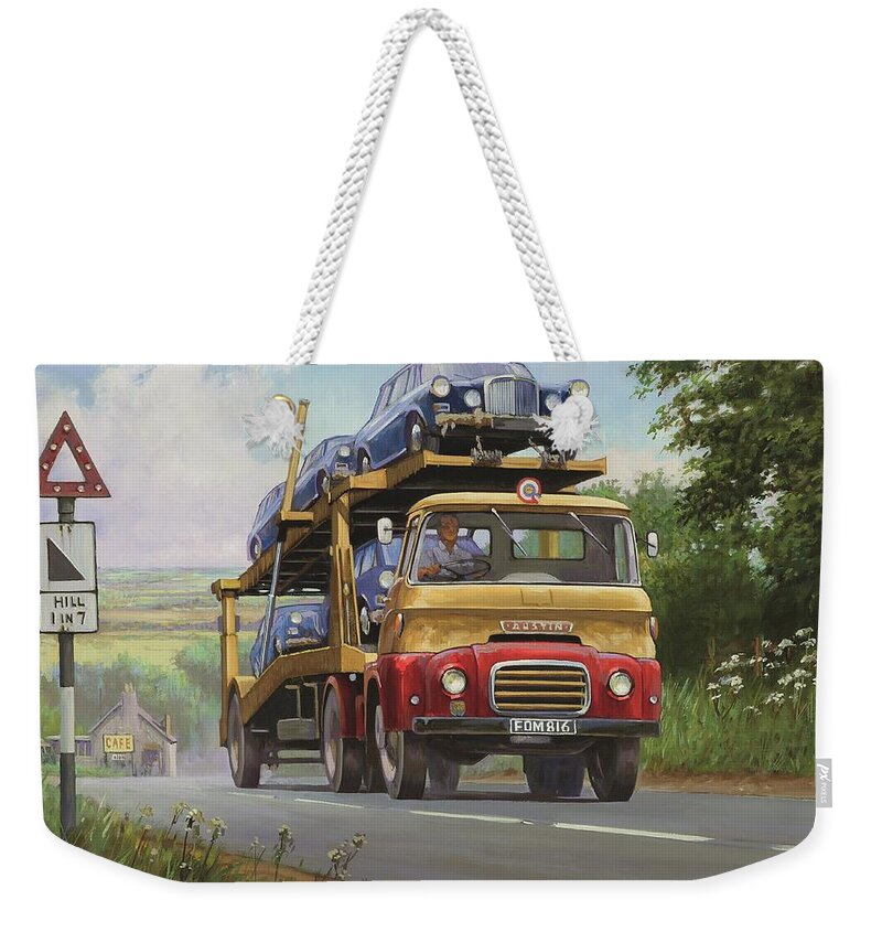 Commission A Painting Weekender Tote Bag featuring the painting Austin Carrimore transporter by Mike Jeffries