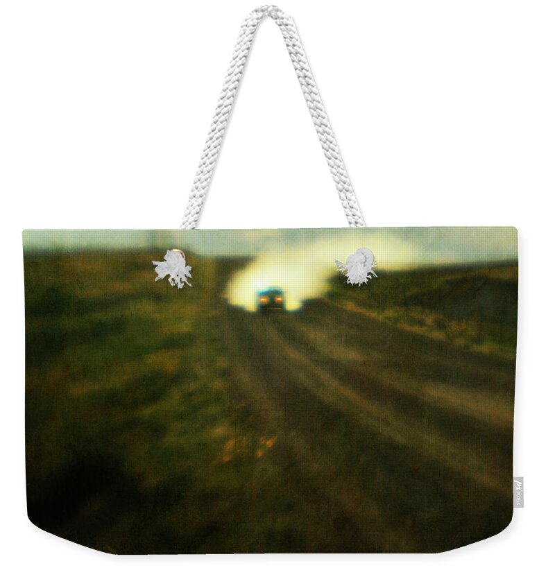 Dust Weekender Tote Bag featuring the photograph Auto On Dusty Road by Suzanne Cummings