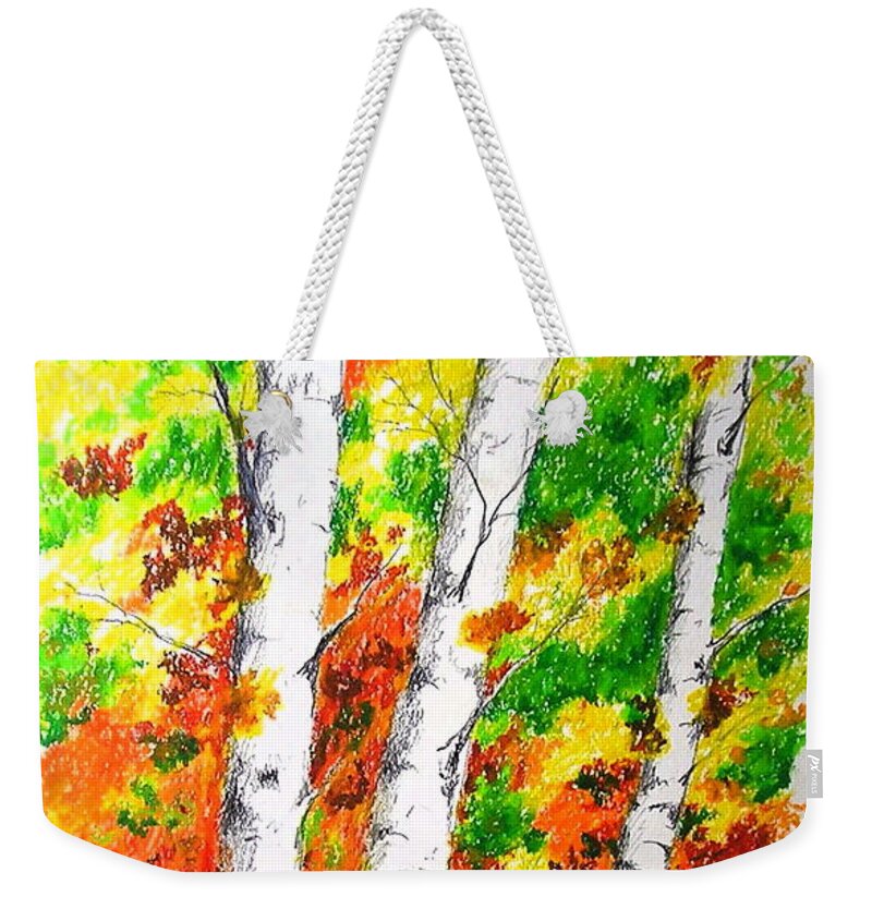 Oil Pastel Weekender Tote Bag featuring the mixed media Autumn Birches by Catherine Howley
