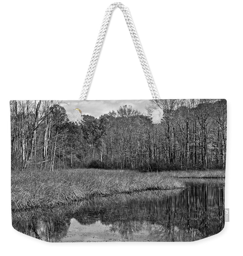 Autumn Weekender Tote Bag featuring the photograph Autumn Black and White by Frozen in Time Fine Art Photography