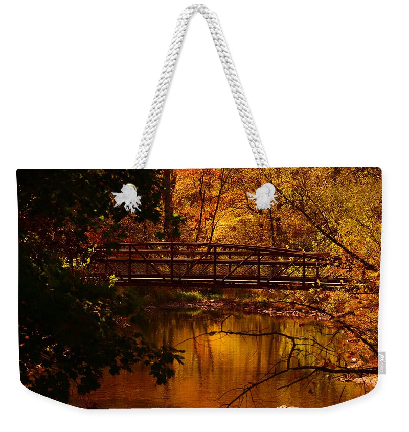 Jacobsburg State Park Pa Weekender Tote Bag featuring the photograph Autumn Bridge by Raymond Salani III