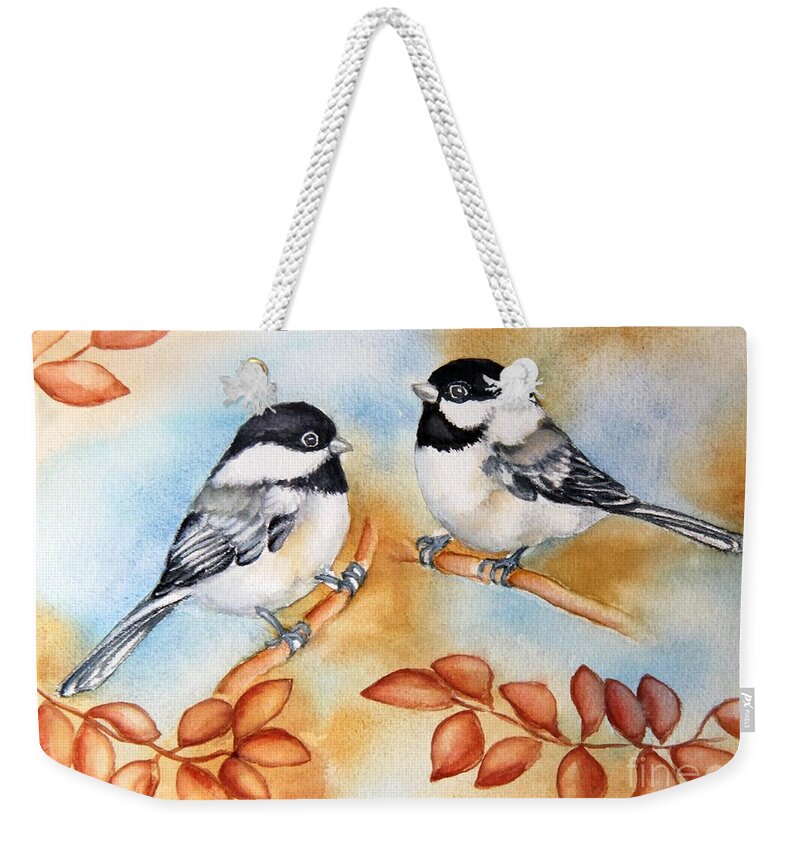 Chickadee Couple Weekender Tote Bag featuring the painting Autumn Chickadees by Inese Poga