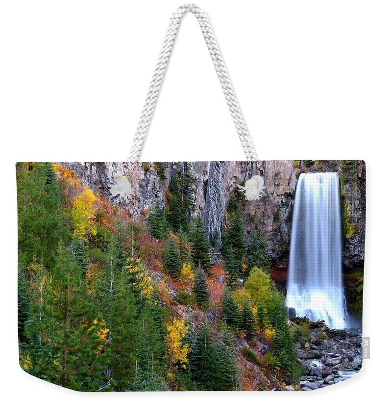 Fall Color Landscape Weekender Tote Bag featuring the photograph Autumn Colors Surround Tumalo Falls by Kevin Desrosiers