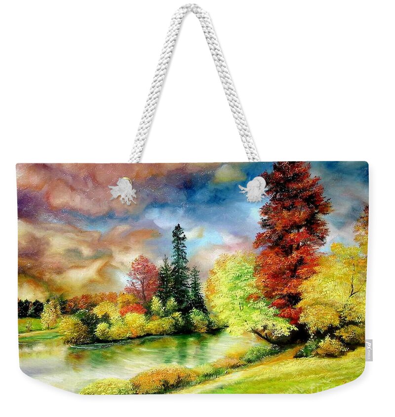 Autumn Weekender Tote Bag featuring the painting Autumn in Park by Sorin Apostolescu