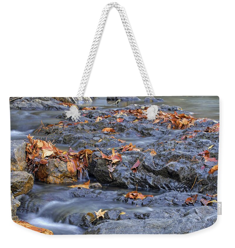 Arkansas Weekender Tote Bag featuring the photograph Autumn Leaves at Little Missouri Falls - Arkansas - Waterfall by Jason Politte