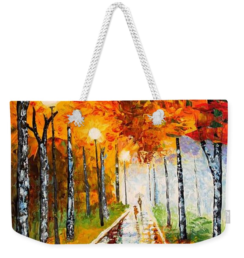 Autumn Weekender Tote Bag featuring the painting Autumn Park Night Lights palette knife by Georgeta Blanaru