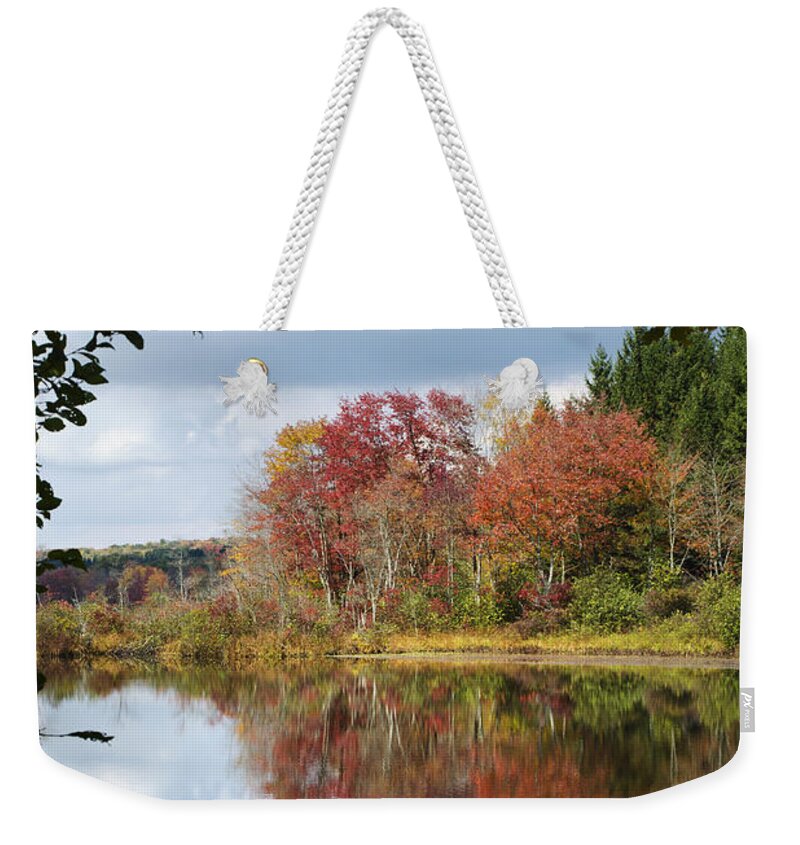 Autumn Weekender Tote Bag featuring the photograph Autumn Reflection Through The Trees by Christina Rollo