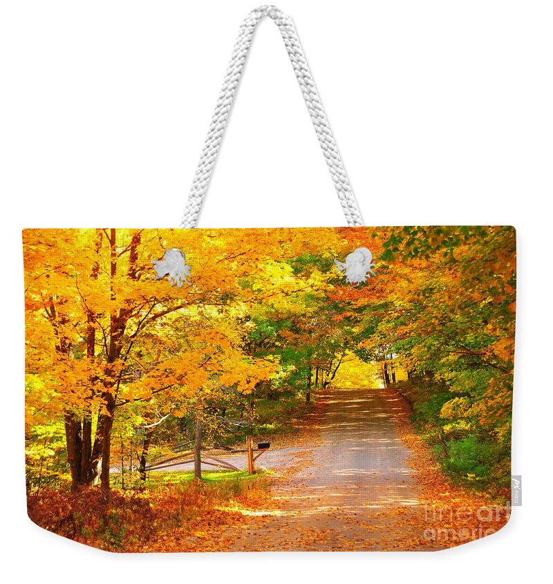 Autumn Weekender Tote Bag featuring the photograph Autumn Road Home by Terri Gostola