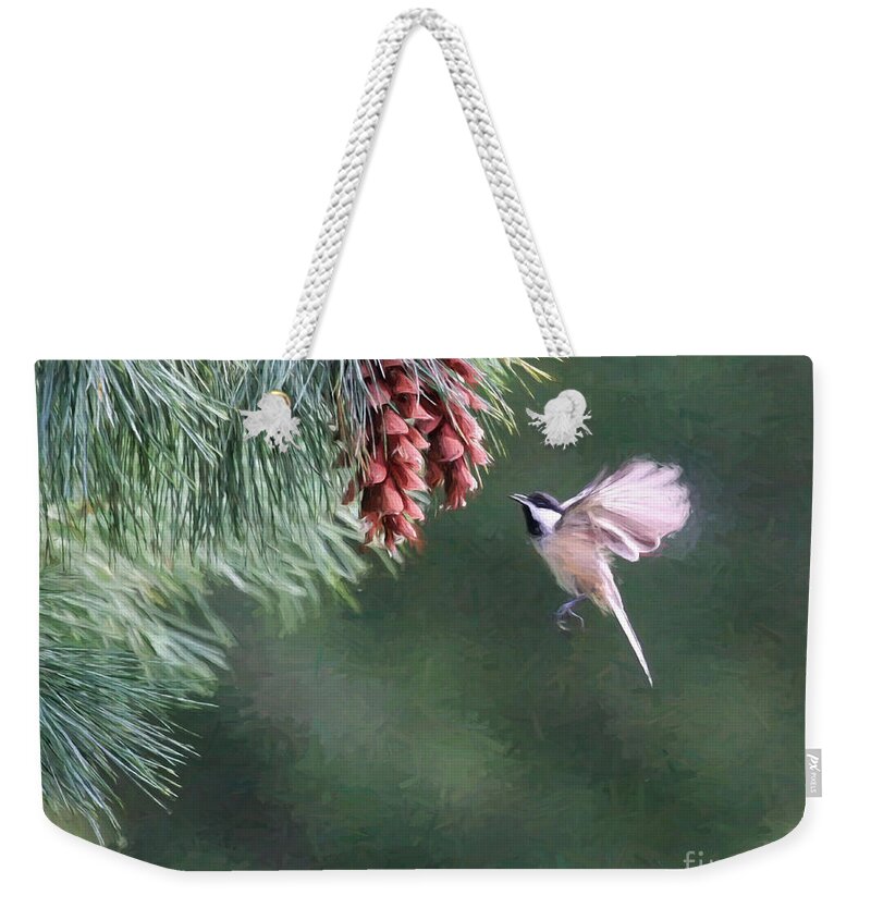 Bird Weekender Tote Bag featuring the digital art Autumn Treat by Jayne Carney