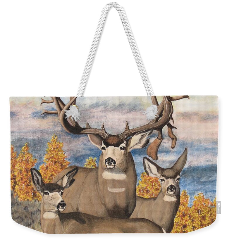 Mule Deer Weekender Tote Bag featuring the painting Avery Buck by Darcy Tate