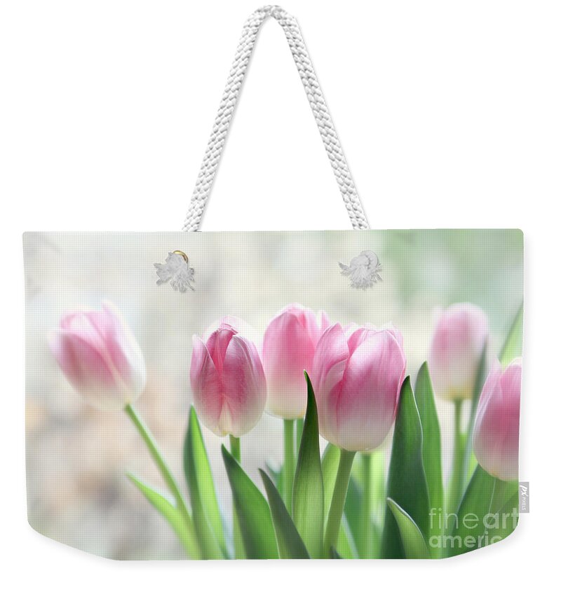 Tulips Weekender Tote Bag featuring the photograph Awakening- Pale Pink Tulips by Sylvia Cook