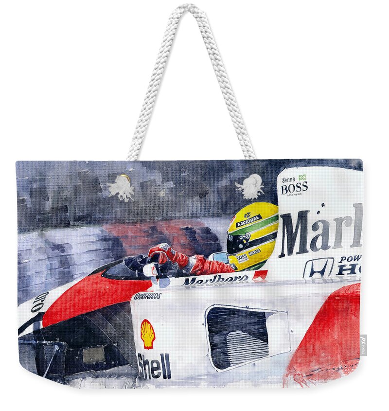 Watercolor Weekender Tote Bag featuring the painting Ayrton Senna McLaren 1991 Hungarian GP by Yuriy Shevchuk