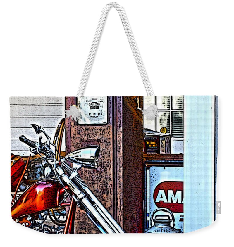 Chopper; Vehicle Weekender Tote Bag featuring the photograph Aztec and the Gas Pump by Lesa Fine
