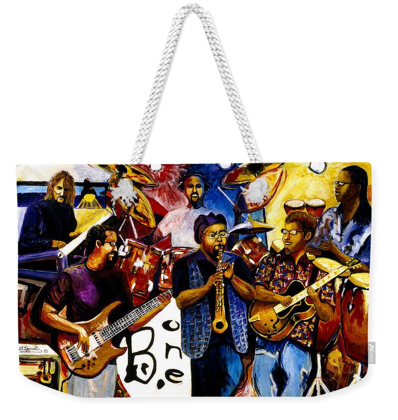 Everett Spruill Weekender Tote Bag featuring the painting B. One Jazz Band featuring Erly Thornton by Everett Spruill