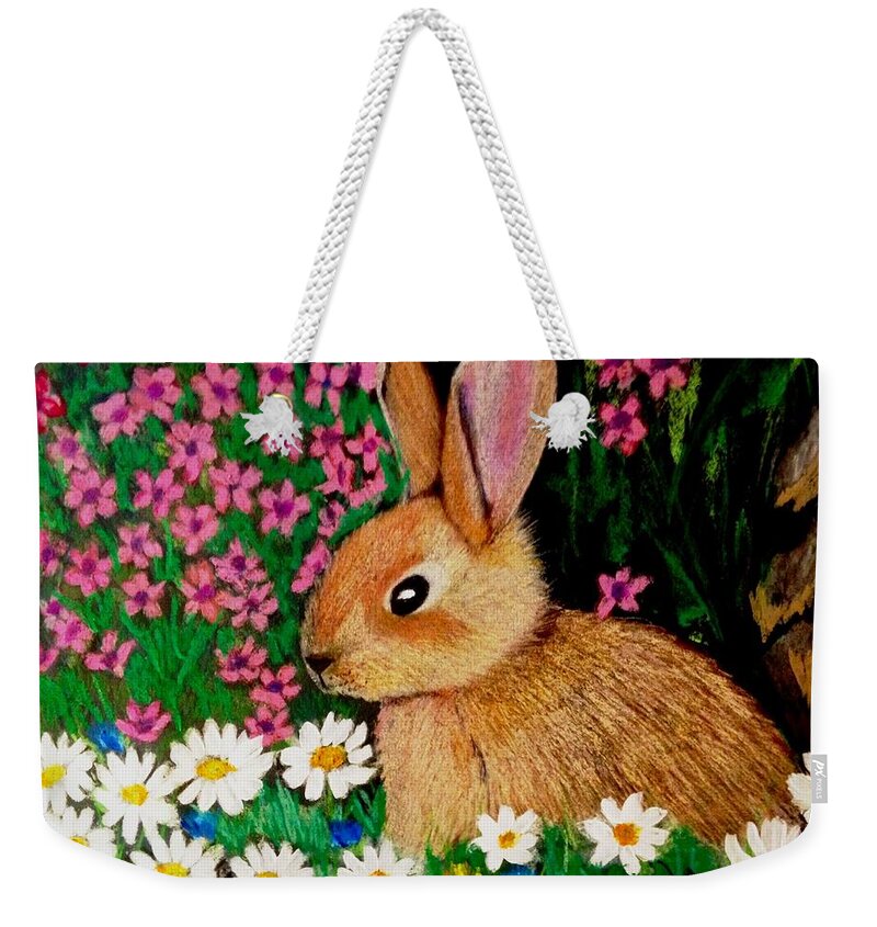 Bunny Weekender Tote Bag featuring the painting Baby Bunny in the Garden at Night by Renee Michelle Wenker